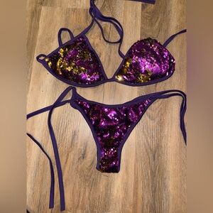 Purple Sequin multi colored Two-Piece Bikini Set BRAND NEW scrunchy butt